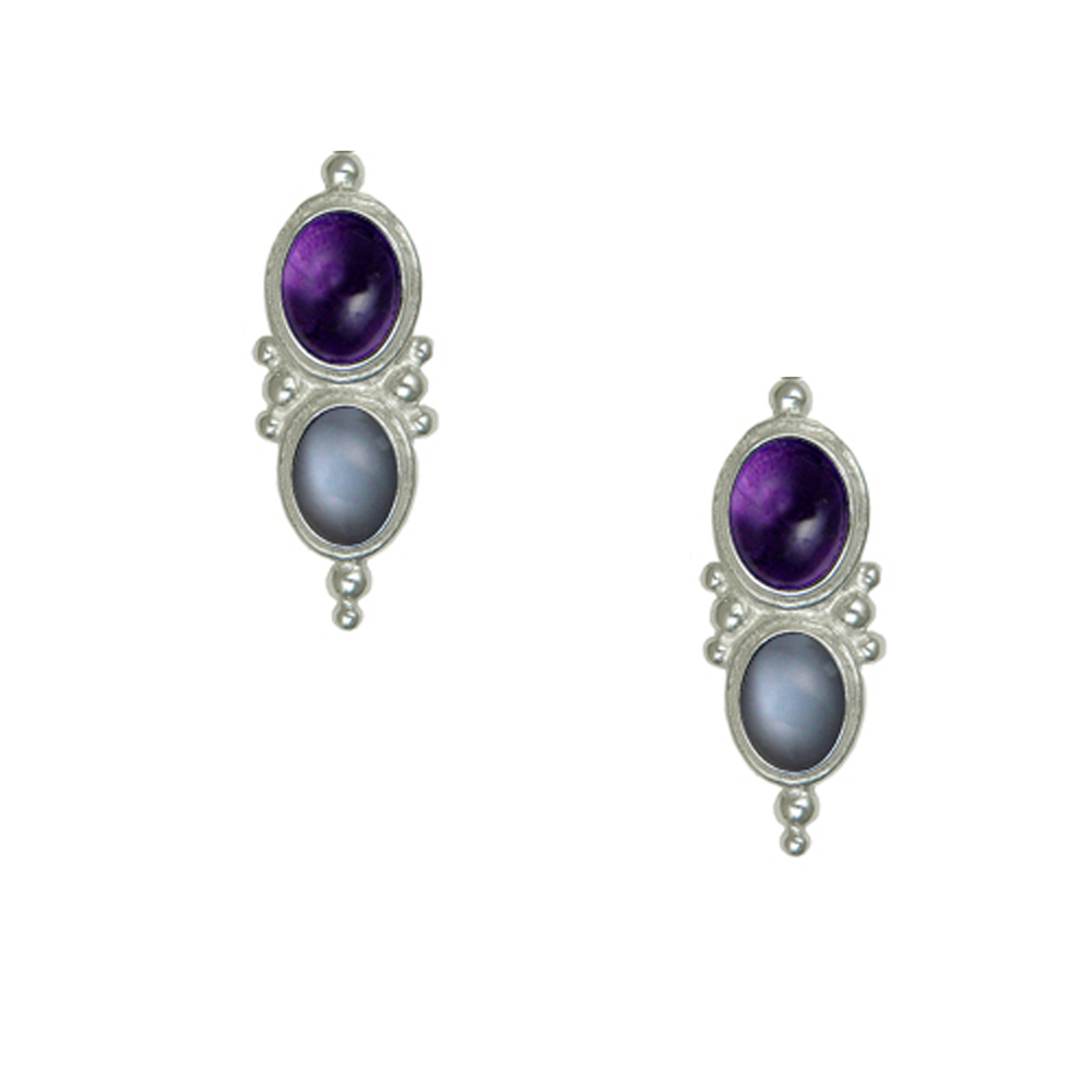 Sterling Silver Drop Dangle Earrings Amethyst And Grey Moonstone